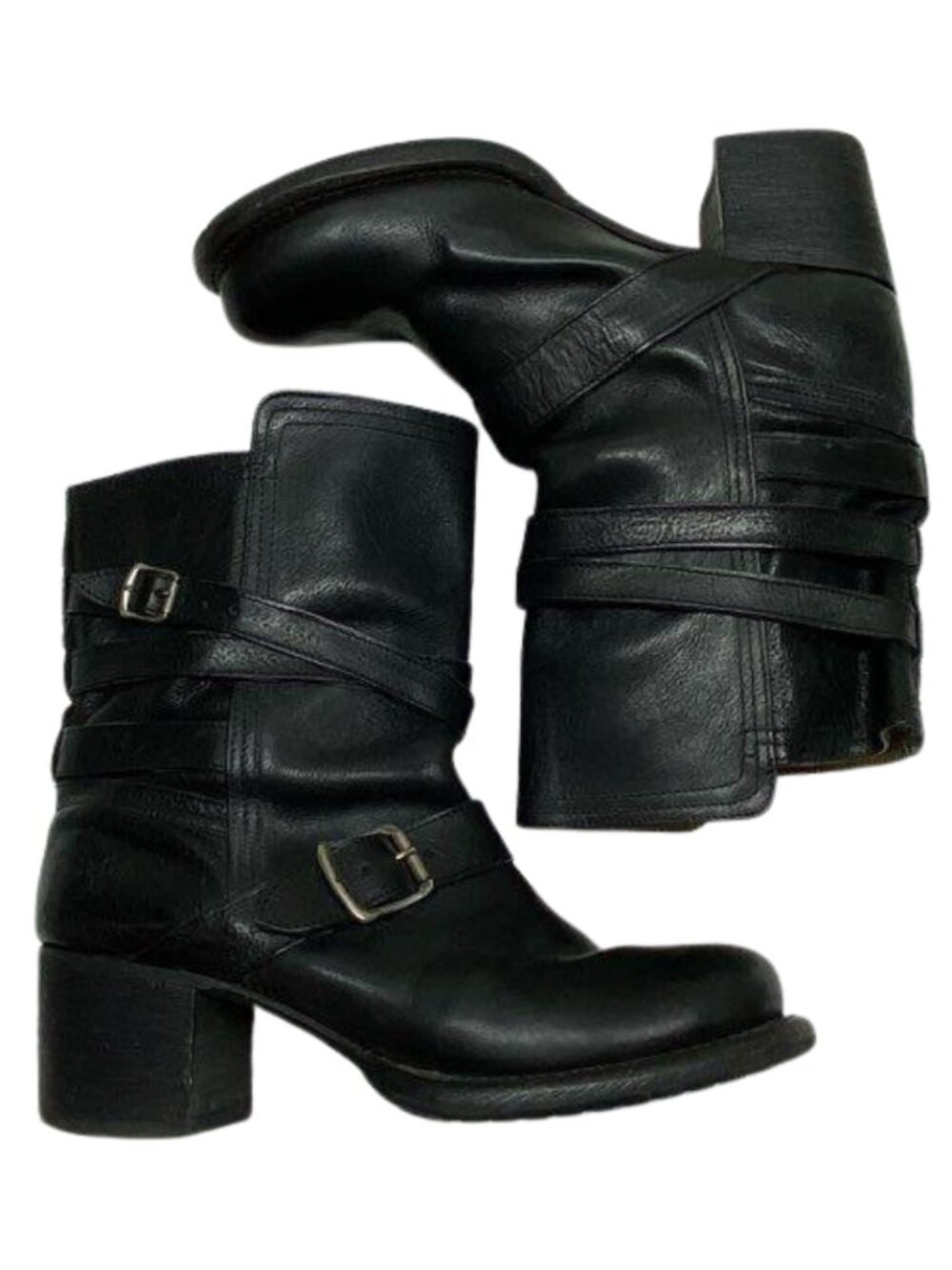 Frye Vera Harness Black Leather Boots Size 8B Strappy Moto Chunky Heel - Picture 2 of 7